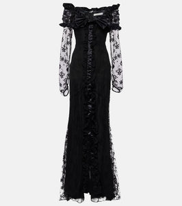 Alessandra Rich Bow-detail ruffled off-shoulder lace gown