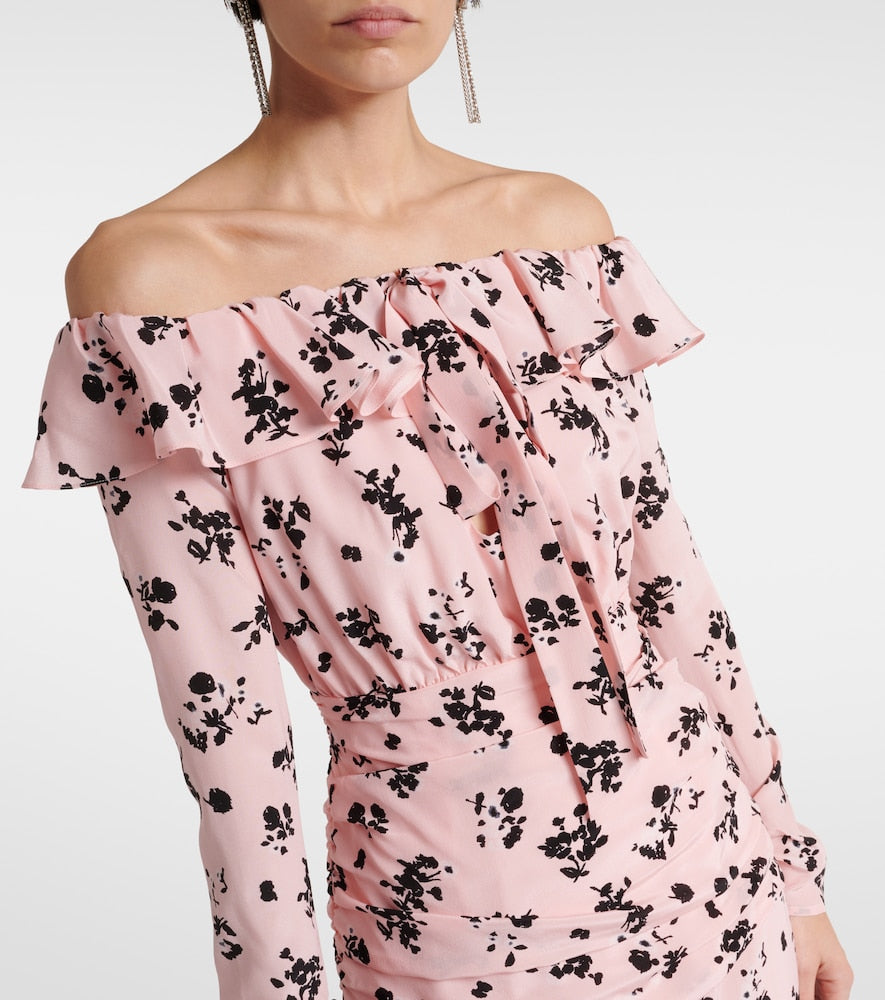Alessandra Rich Floral off-shoulder silk midi dress