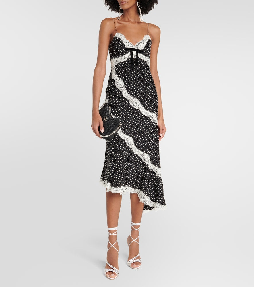 Alessandra Rich Lace-trimmed polka-dot silk midi dress