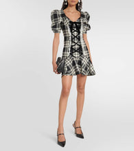 Alessandra Rich Lace-up checked wool minidress