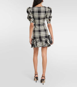 Alessandra Rich Lace-up checked wool minidress