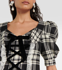 Alessandra Rich Lace-up checked wool minidress