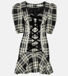 Alessandra Rich Lace-up checked wool minidress