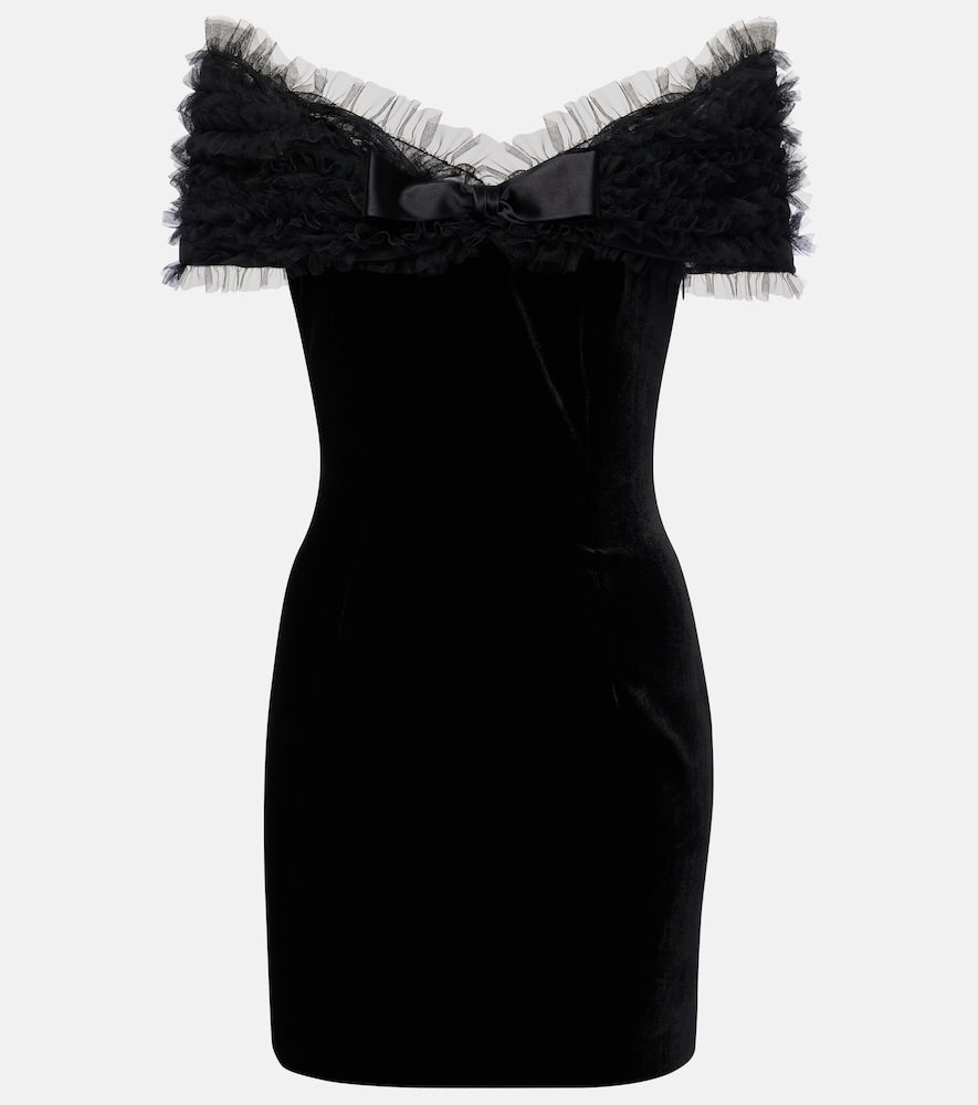 Alessandra Rich Off-shoulder velvet and tulle minidress. Alessandra Rich 露肩丝绒薄纱迷你连衣裙