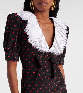 Alessandra Rich Polka-dot lace-trimmed silk midi dress
