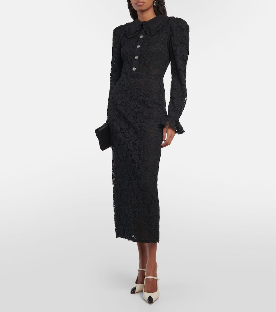 Alessandra Rich Puff-sleeve cotton blend lace midi dress