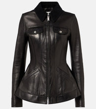 Alexander McQueen Peplum corduroy-trimmed leather jacket