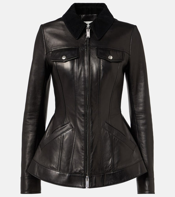 Alexander McQueen Peplum corduroy-trimmed leather jacket
