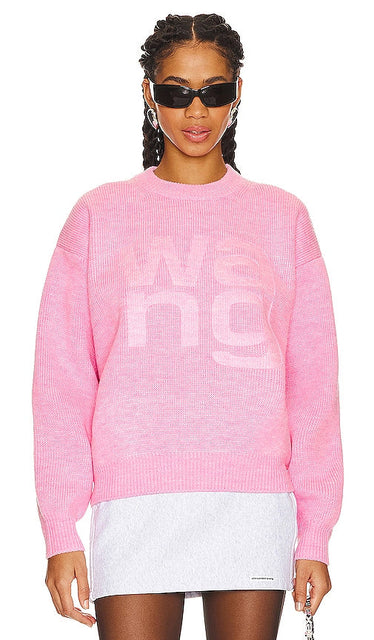 Alexander Wang Debossed Stacked Logo Unisex Pullover in Pink - Alexander Wang - Pull unisexe avec logo empilé en relief en rose - Alexander Wang 粉色压花叠层徽标中性套头衫 - Alexander Wang Unisex-Pullover mit geprägtem Stacked-Logo in Rosa - Alexander Wang Debossed 스택 로고 유니섹스 풀오버 핑크 색상 - Pullover unisex con logo impilato impresso di Alexander Wang in rosa