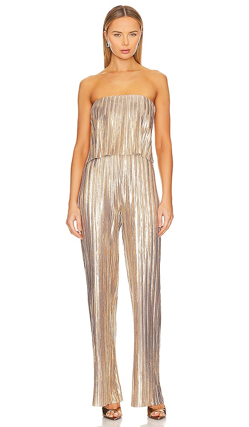 Amanda Uprichard Collina Pleated Jumpsuit in Metallic Gold - Amanda Uprichard Collina Combinaison plissée en or métallisé - Amanda Uprichard Collina 金属金色褶皱连身裤 - Amanda Uprichard Collina Plissee-Jumpsuit in Metallic-Gold - Amanda Uprichard Collina 플리츠 점프수트 - Tuta plissettata Amanda Uprichard Collina in oro metallizzato