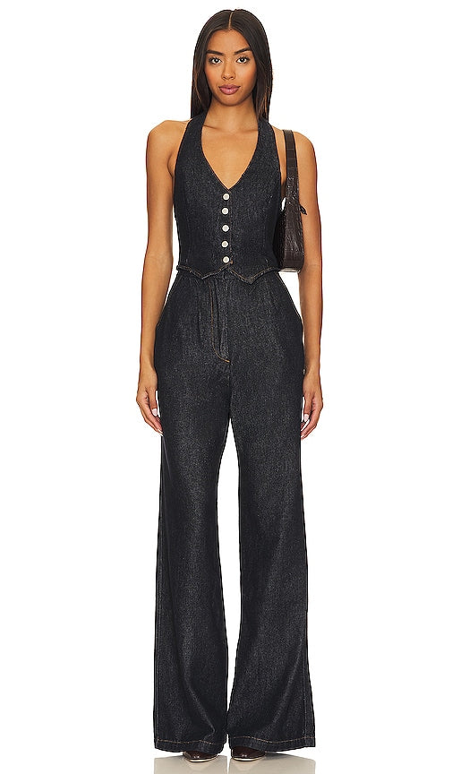 Amanda Uprichard X Revolve Isadore Denim Jumpsuit in Blue - Combinaison en jean Amanda Uprichard X Revolve Isadore en bleu - Amanda Uprichard X Revolve Isadore 蓝色牛仔连身裤 - Amanda Uprichard X Revolve Isadore Denim-Overall in Blau - Amanda Uprichard X Revolve Isadore 데님 점프수트 블루 색상 - Tuta in denim Amanda Uprichard X Revolve Isadore in blu