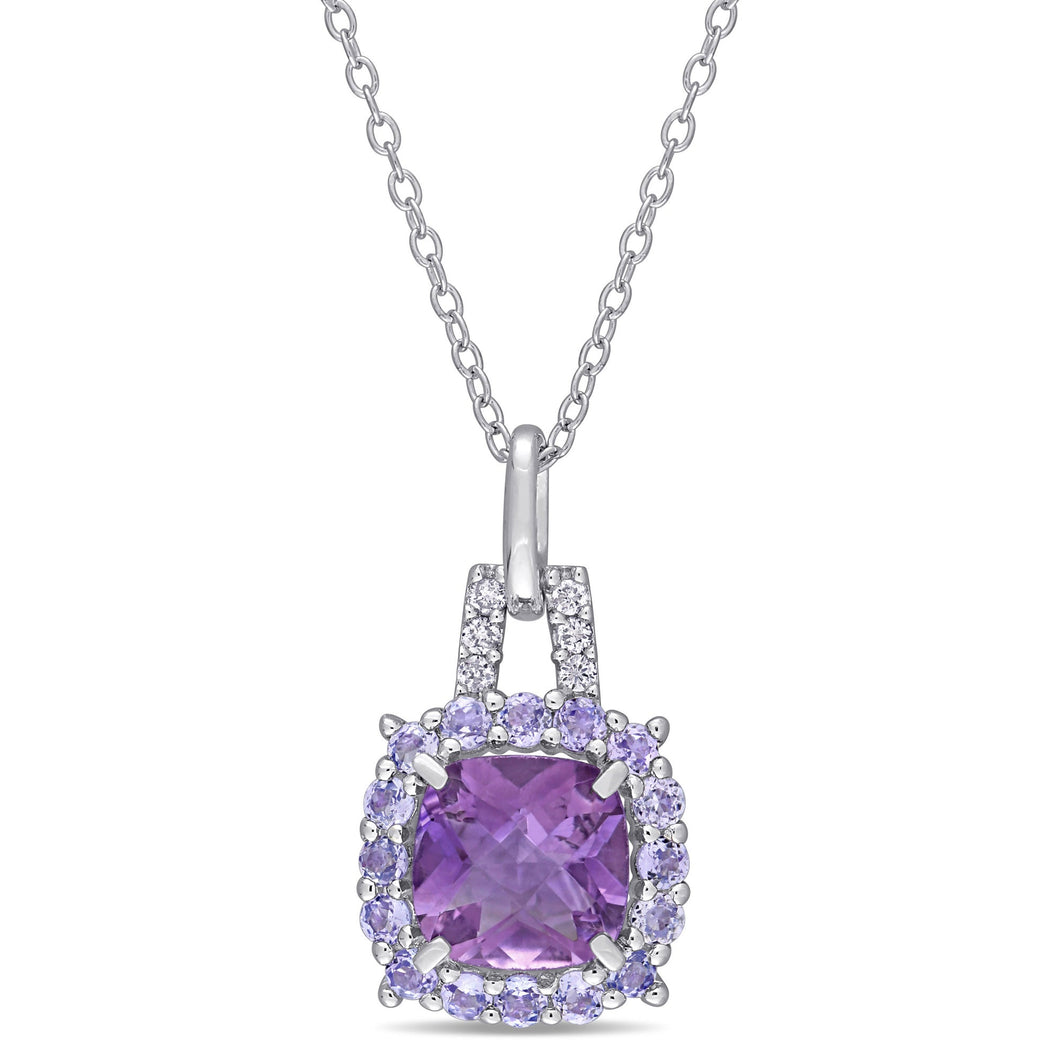 Amethyst, Tanzanite and 1/20ctw Diamond Sterling Silver Pendant Necklace