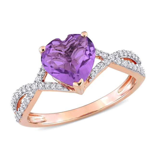 Amethyst and 1/5ctw Diamond Rose Gold Heart Ring - Size 5