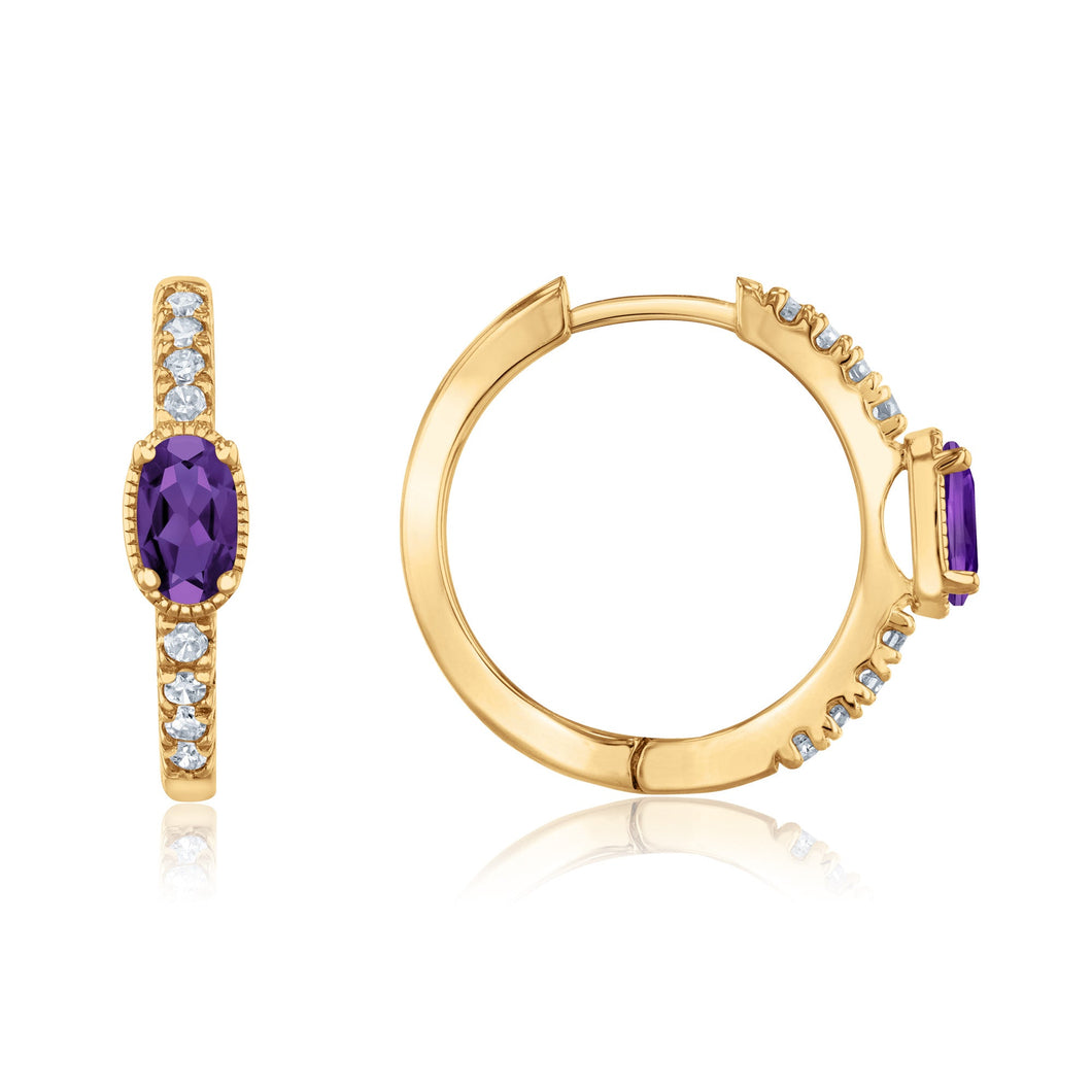 Amethyst and 1/6ctw Diamond Yellow Gold Huggie Hoop Earrings