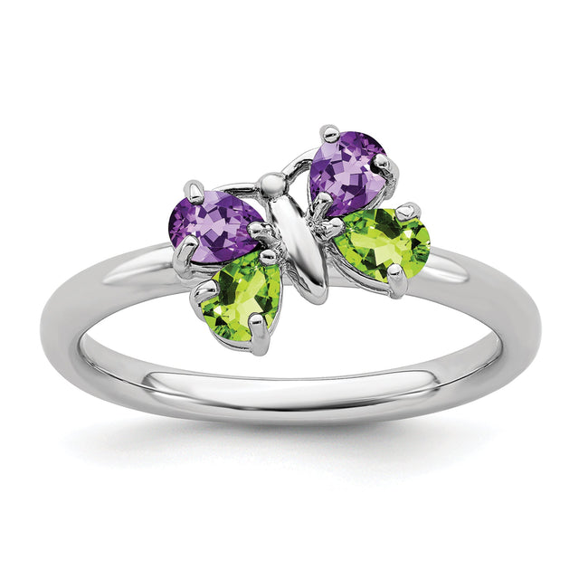 Amethyst and Peridot Butterfly Sterling Silver Stackable Ring | Size 10