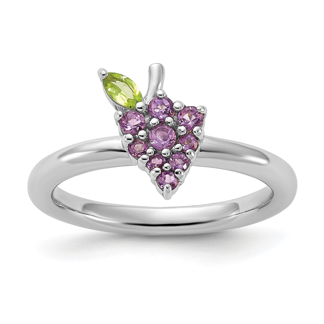 Amethyst and Peridot Grapes Sterling Silver Stackable Ring - Size 10