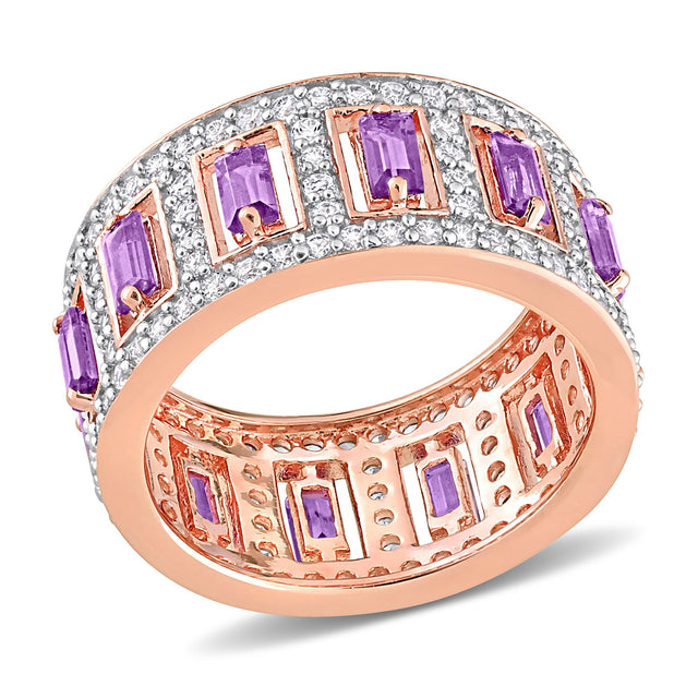Amethyst and White Topaz Rose Gold-Tone Sterling Silver Eternity Ring - Size 5