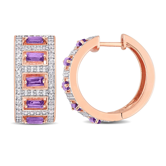 Amethyst and White Topaz Rose Gold-Tone Sterling Silver Huggie Hoop Earrings