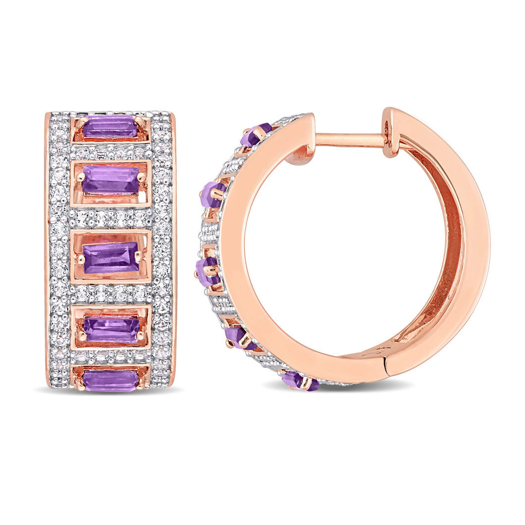 Amethyst and White Topaz Rose Gold-Tone Sterling Silver Huggie Hoop Earrings