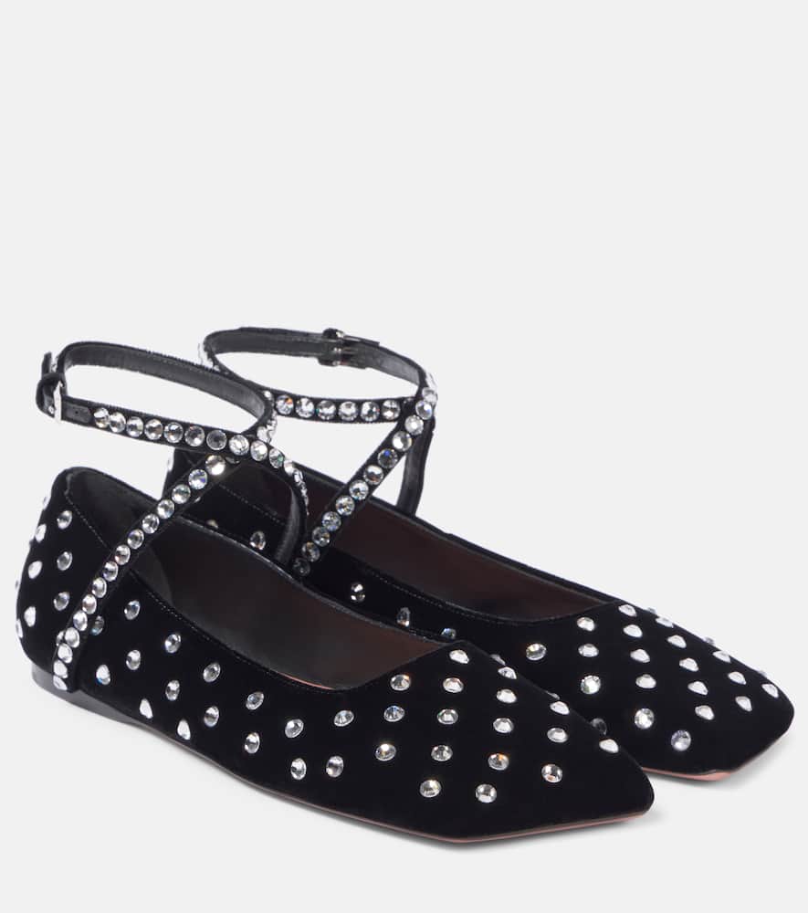 Amina Muaddi Ane Crystal lace-up velvet ballet flats