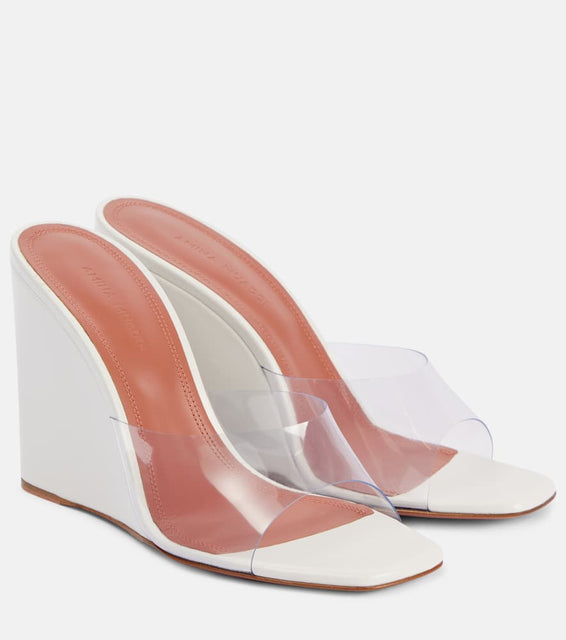 Amina Muaddi Lupita Half Glass PVC and leather wedge mules