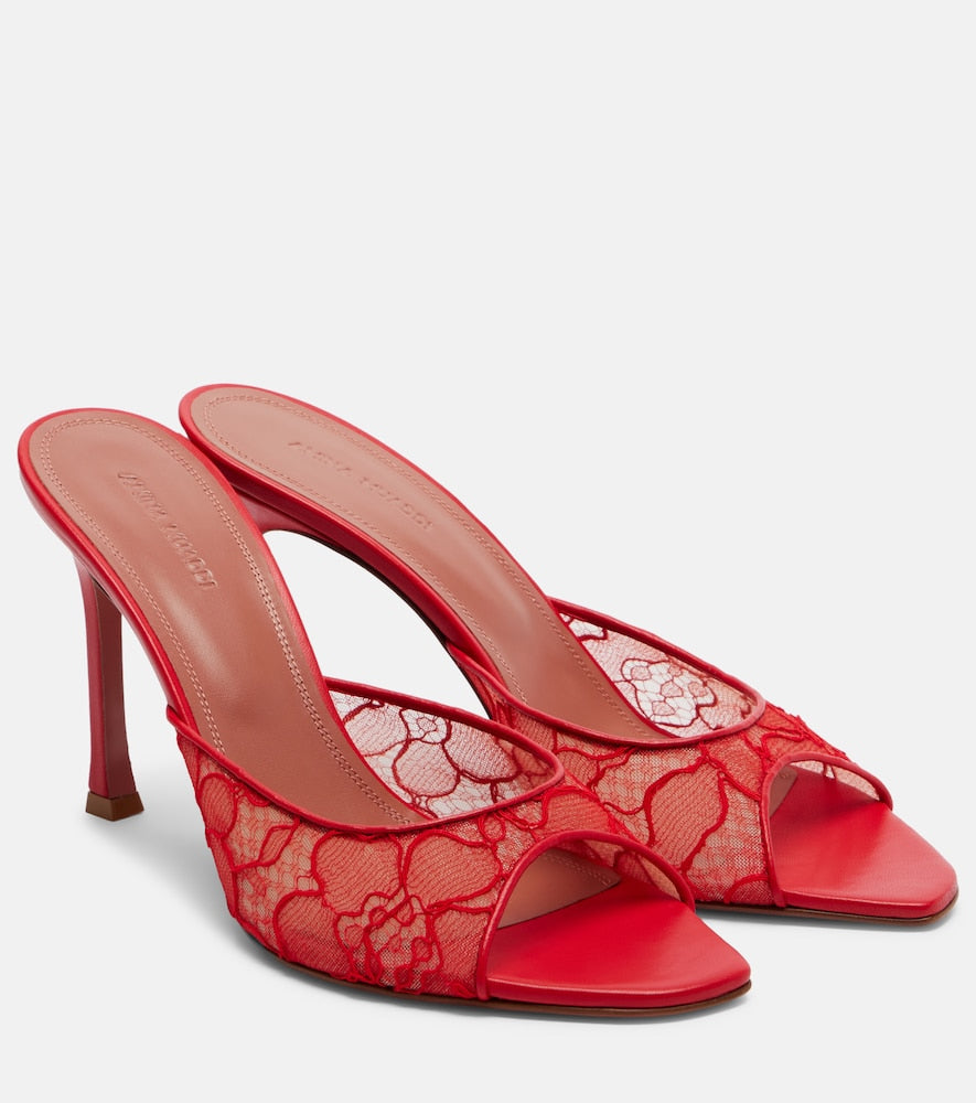 Amina Muaddi Alexa leather-trimmed lace mules - Red Heeled Sandals