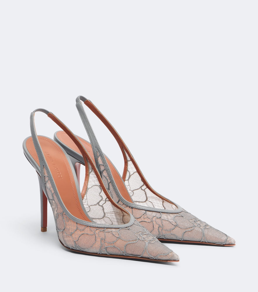 Grey Amina Muaddi Anok lace slingback pumps - High-Heel Pumps