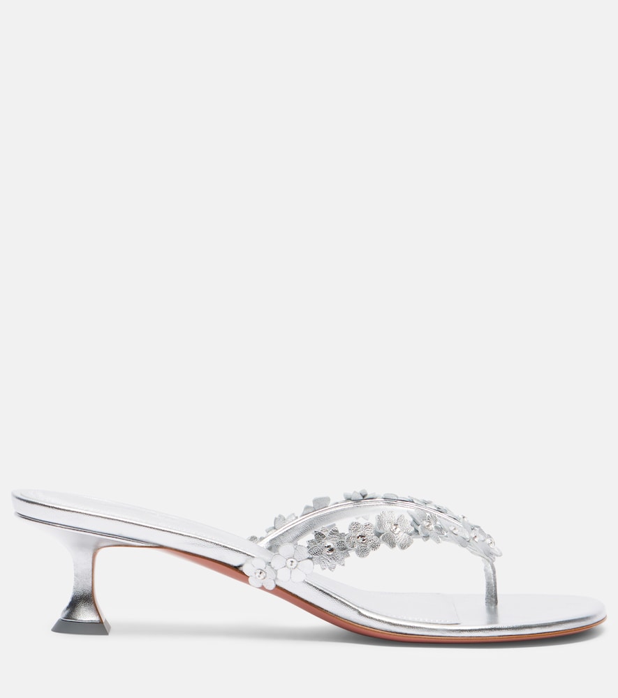 Amina Muaddi Janis embellished leather thong sandals in Silver - Mid Heel Sandals