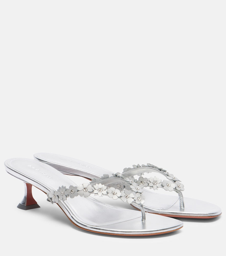 Amina Muaddi Janis embellished leather thong sandals in Silver - Mid Heel Sandals