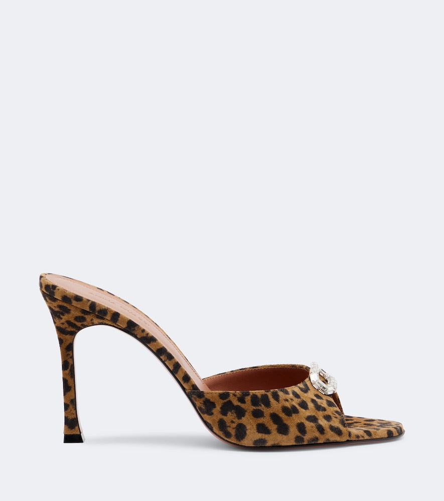 Amina Muaddi Mini Camelia leopard-print suede mules in Brown - High-Heel Sandals