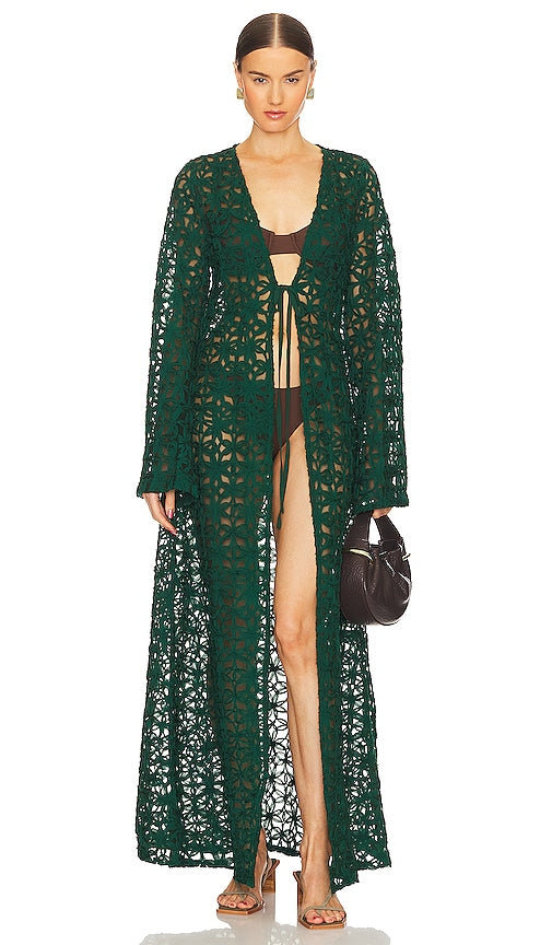 Andrea Iyamah Ndu Lace Kimono in Dark Green