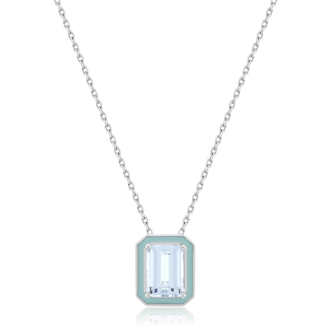 Aquamarine and Enamel Sterling Silver Pendant Necklace