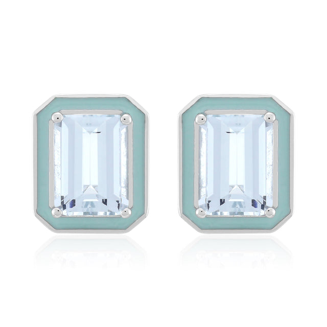 Aquamarine and Enamel Sterling Silver Stud Earrings