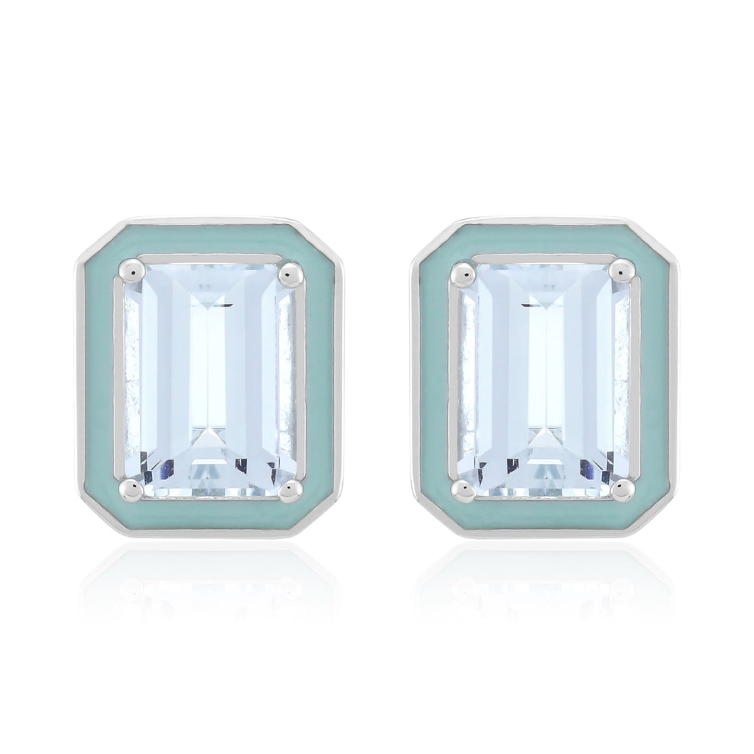 Aquamarine and Enamel Sterling Silver Stud Earrings