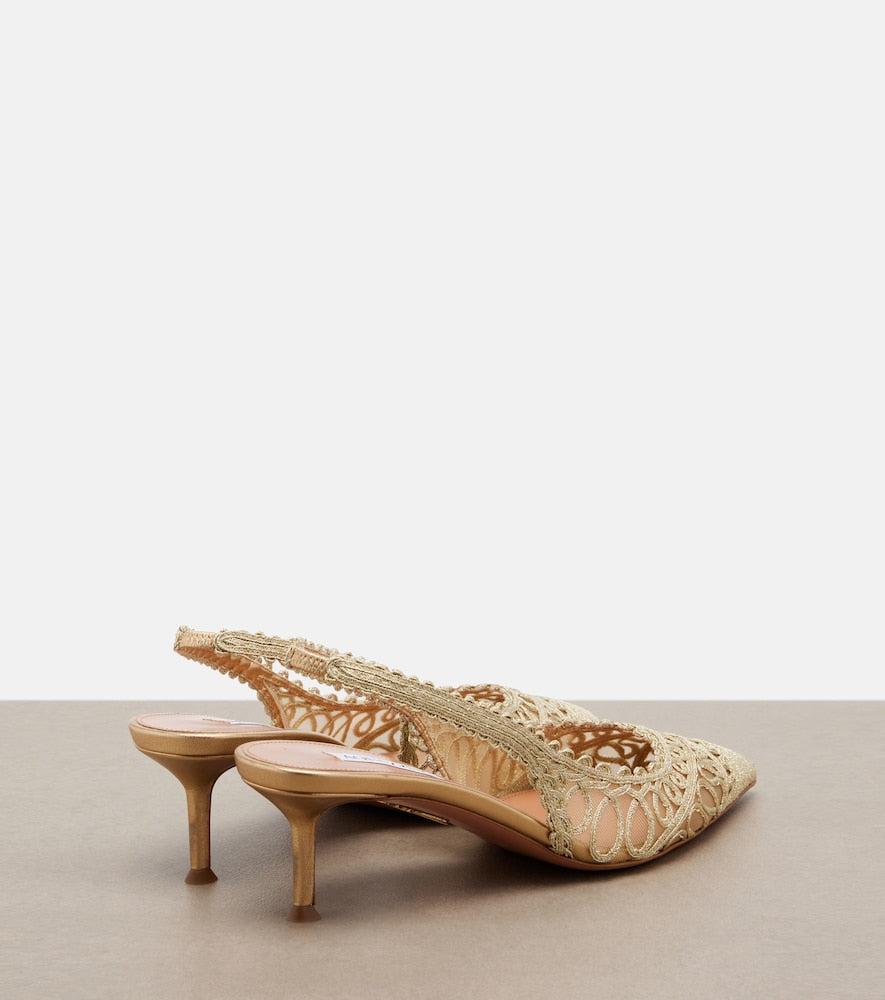 Aquazzura Kahlo metallic raffia and mesh slingback pumps