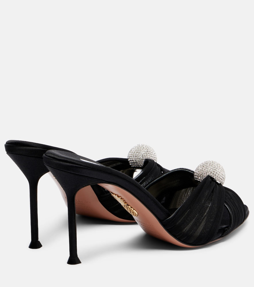 Aquazzura Mystery 85 embellished leather-trimmed satin mules