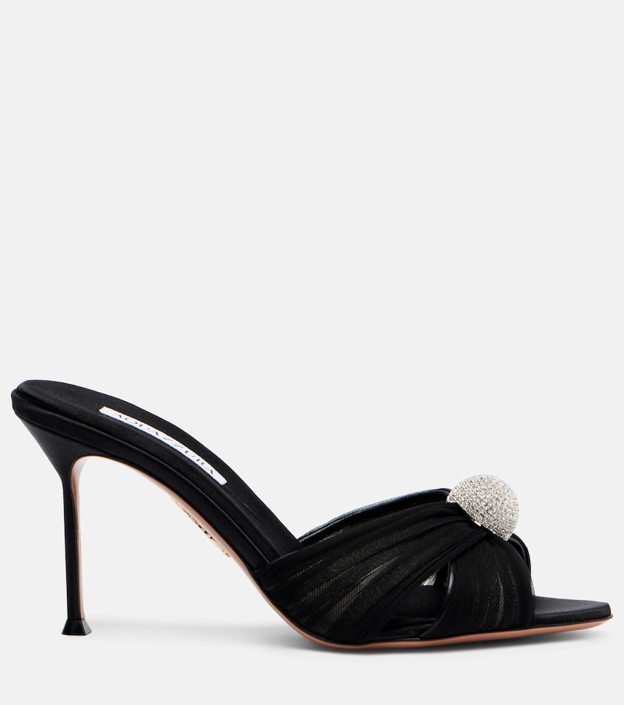 Aquazzura Mystery 85 embellished leather-trimmed satin mules