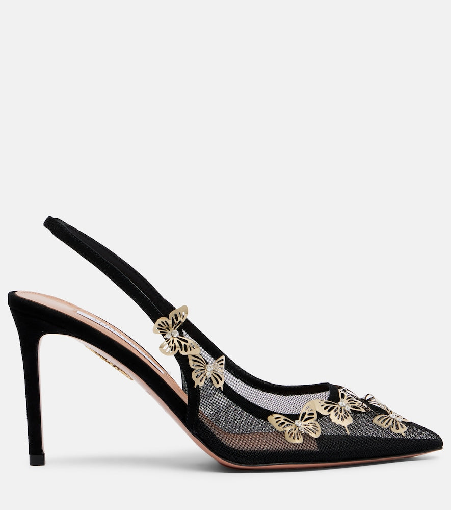 Aquazzura Papillon embellished mesh slingback pumps