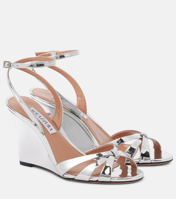 Aquazzura Tati 85 mirrored faux leather wedge sandals