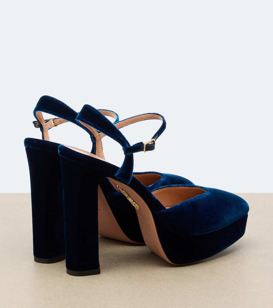 Aquazzura Amira velvet platform slingback pumps in Blue - High-Heel Pumps
