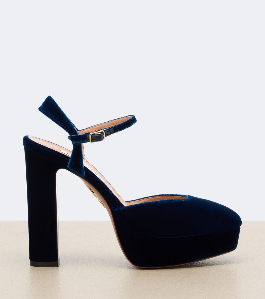 Aquazzura Amira velvet platform slingback pumps in Blue - High-Heel Pumps