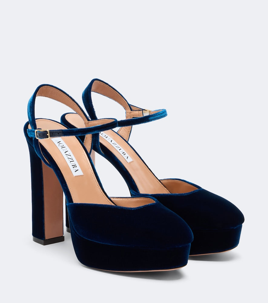 Aquazzura Amira velvet platform slingback pumps in Blue - High-Heel Pumps