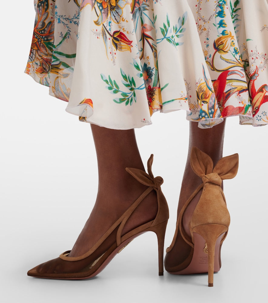 Aquazzura Bow Tie suede-trimmed mesh pumps - Brown Mid Heel Pumps