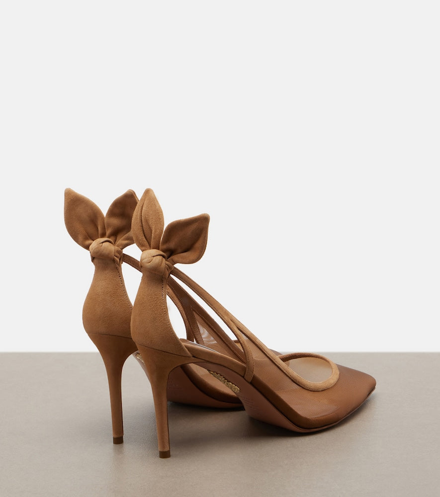 Aquazzura Bow Tie suede-trimmed mesh pumps - Brown Mid Heel Pumps
