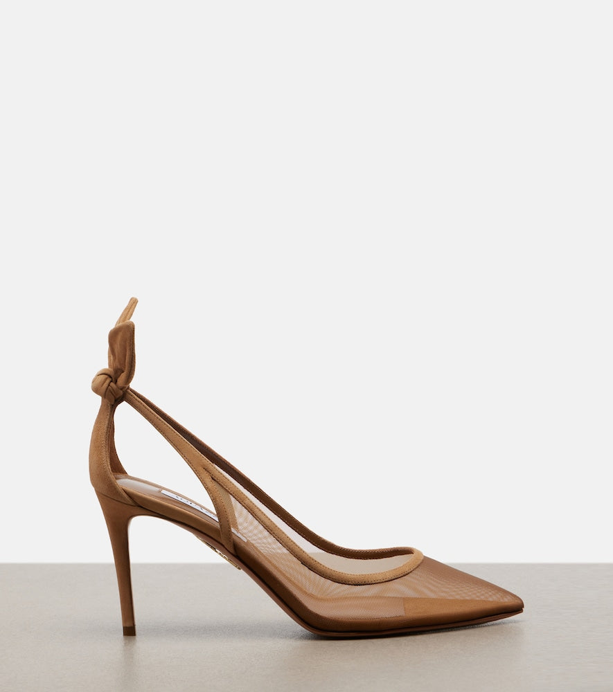 Aquazzura Bow Tie suede-trimmed mesh pumps - Brown Mid Heel Pumps
