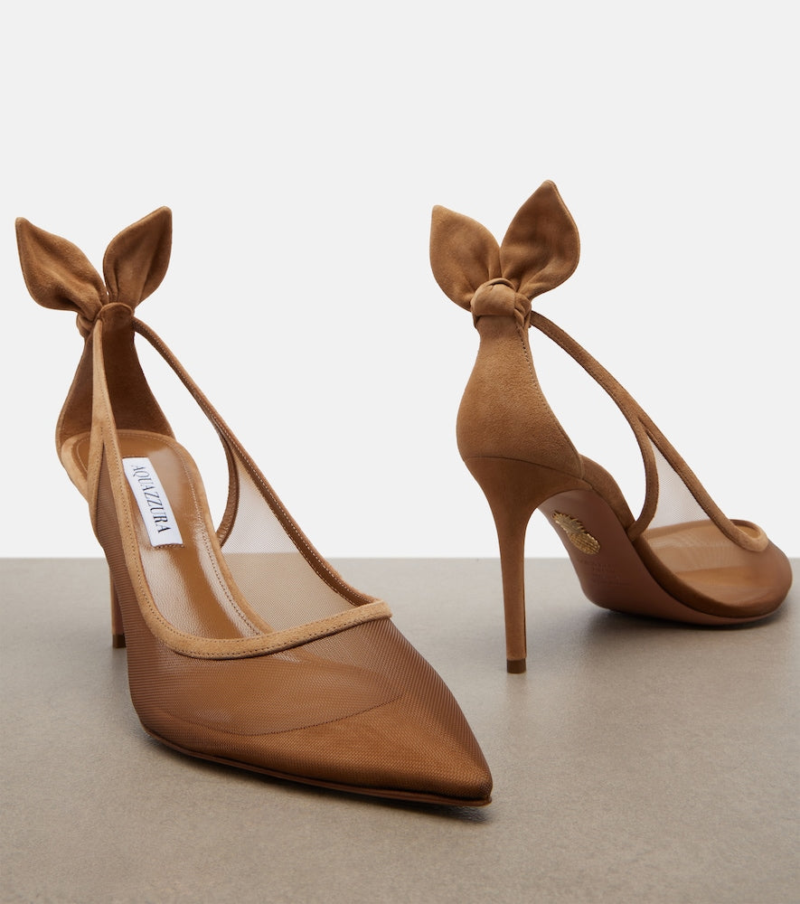 Aquazzura Bow Tie suede-trimmed mesh pumps - Brown Mid Heel Pumps