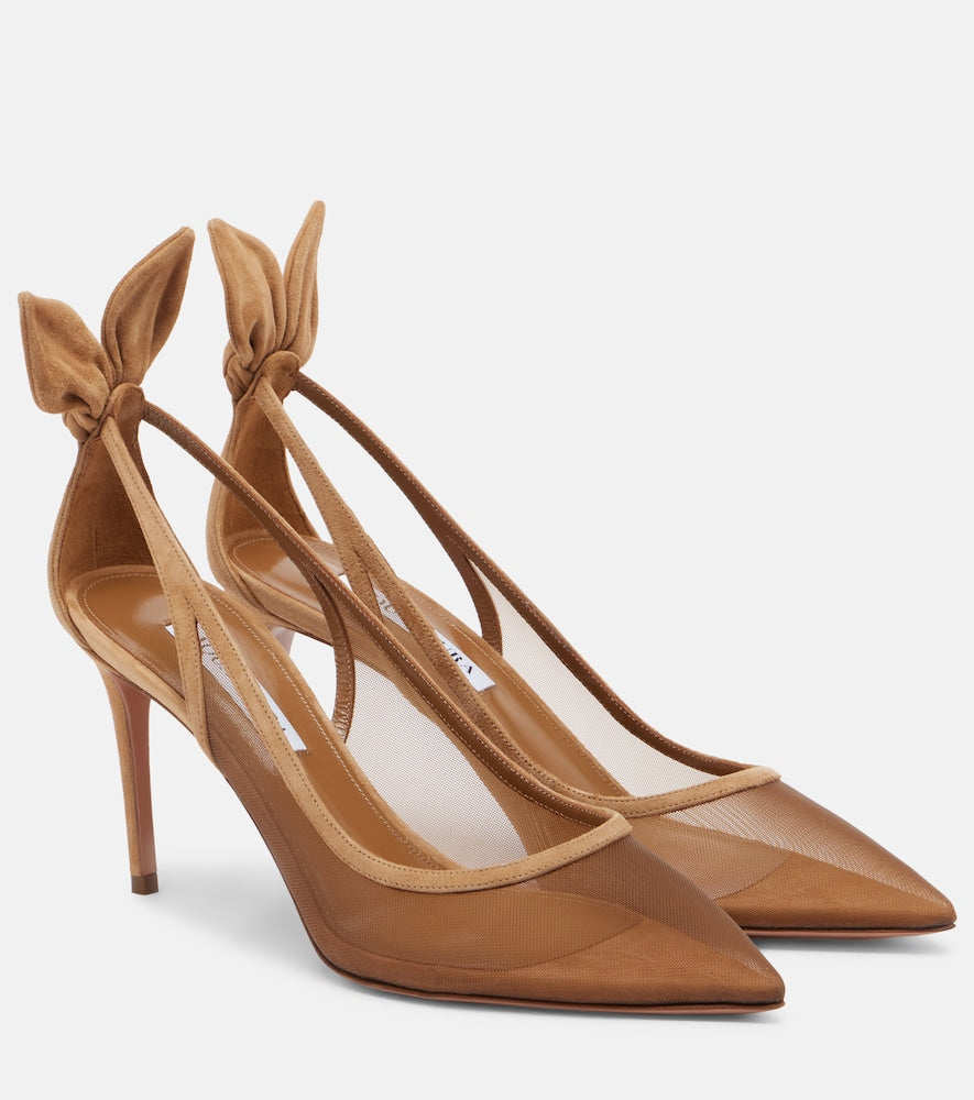 Aquazzura Bow Tie suede-trimmed mesh pumps - Brown Mid Heel Pumps