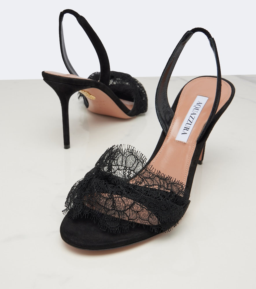 Aquazzura Lover lace-trimmed suede slingback sandals (Black) - High-Heel Sandals