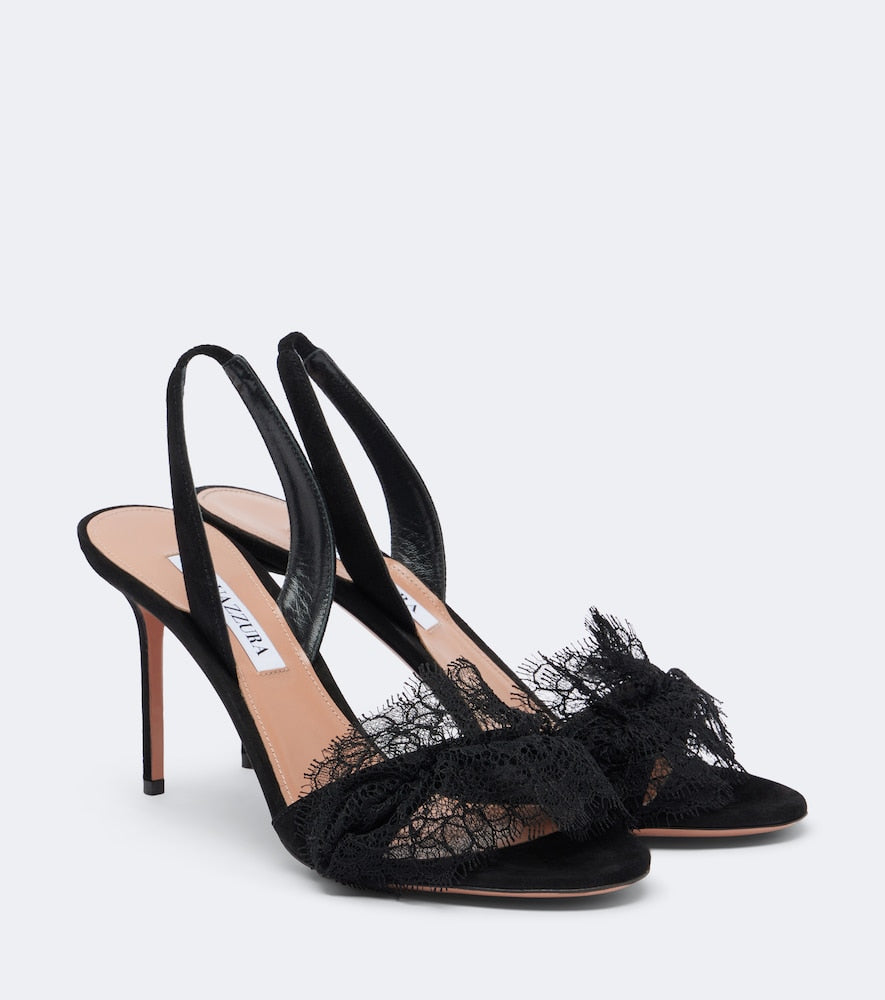 Aquazzura Lover lace-trimmed suede slingback sandals (Black) - High-Heel Sandals