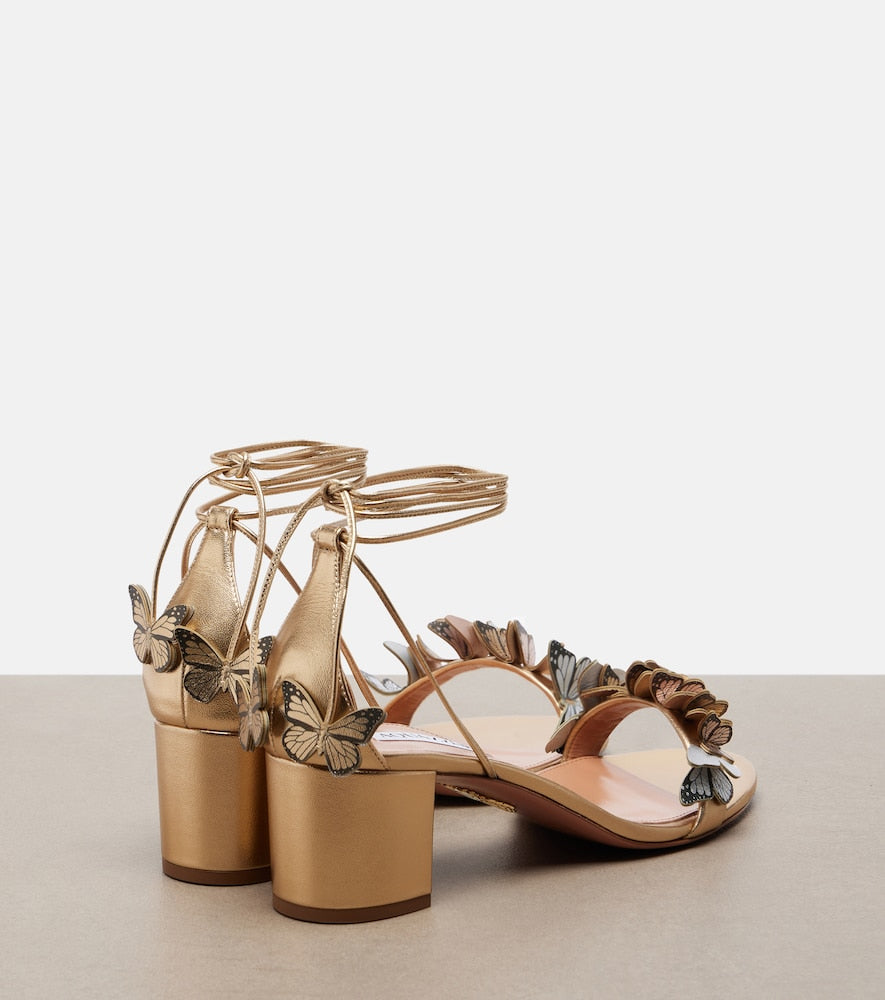Aquazzura Papillon applique metallic leather sandals (Gold) - Heeled Sandals